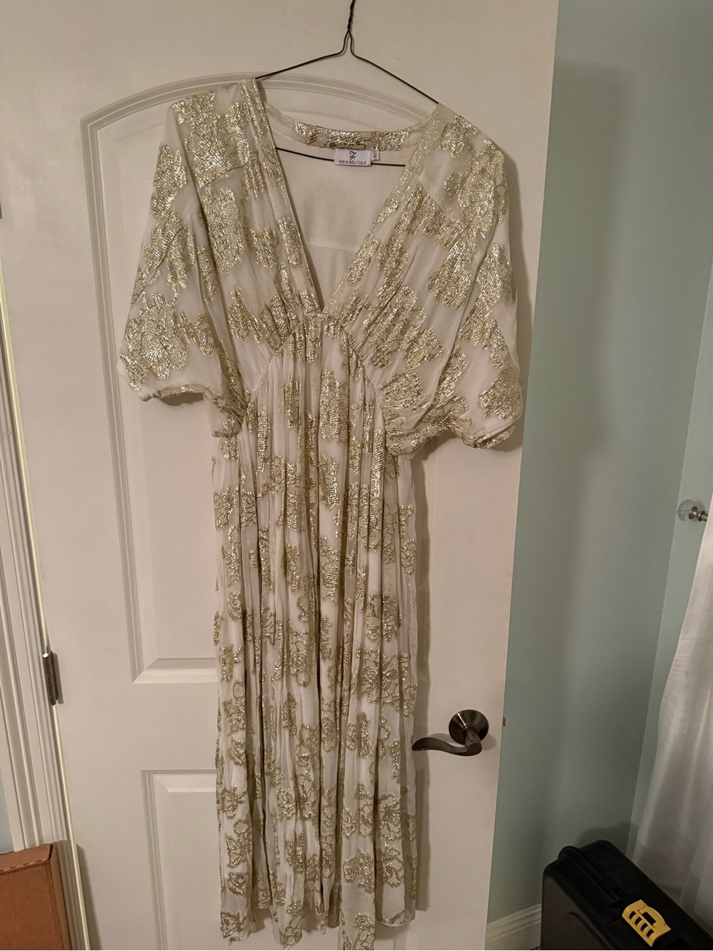 Cream Midi Dress with Gold Floral Metallic Embroidery